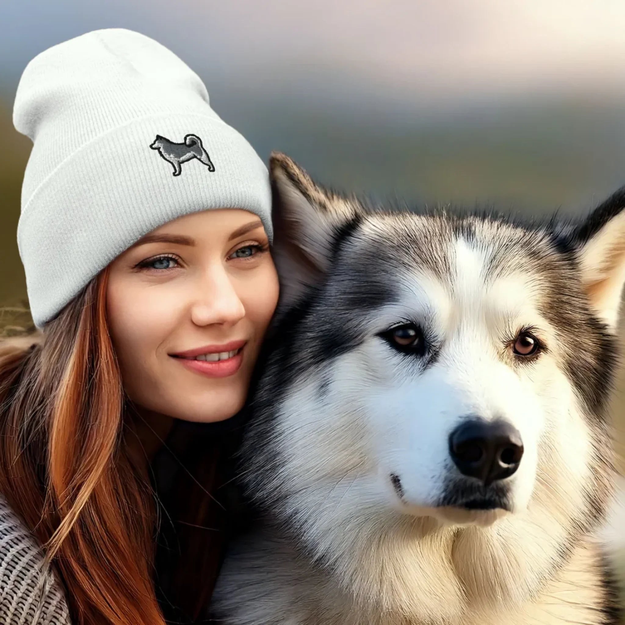 Woman-Wearing-a-Beanie-Next-to-Her-Alaskan-Malamute