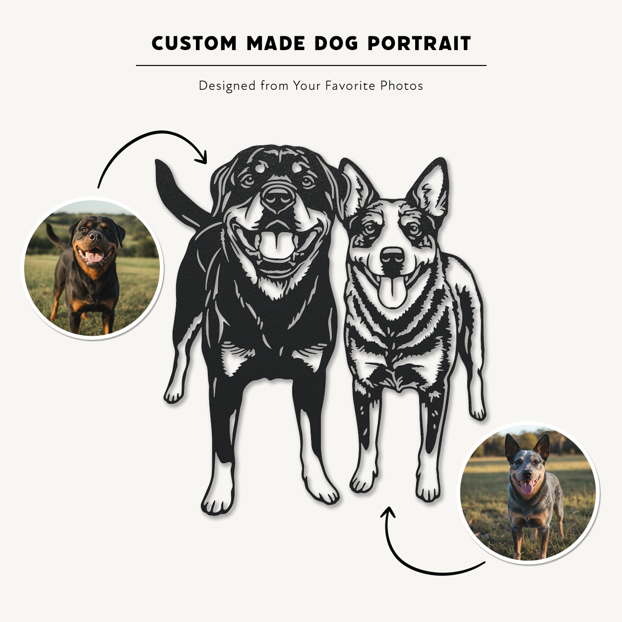 Two-dog custom metal portrait wall art shown with original dog photos and text reading, "Custom Made Dog Portrait | Designed from Your Favorite Photos."