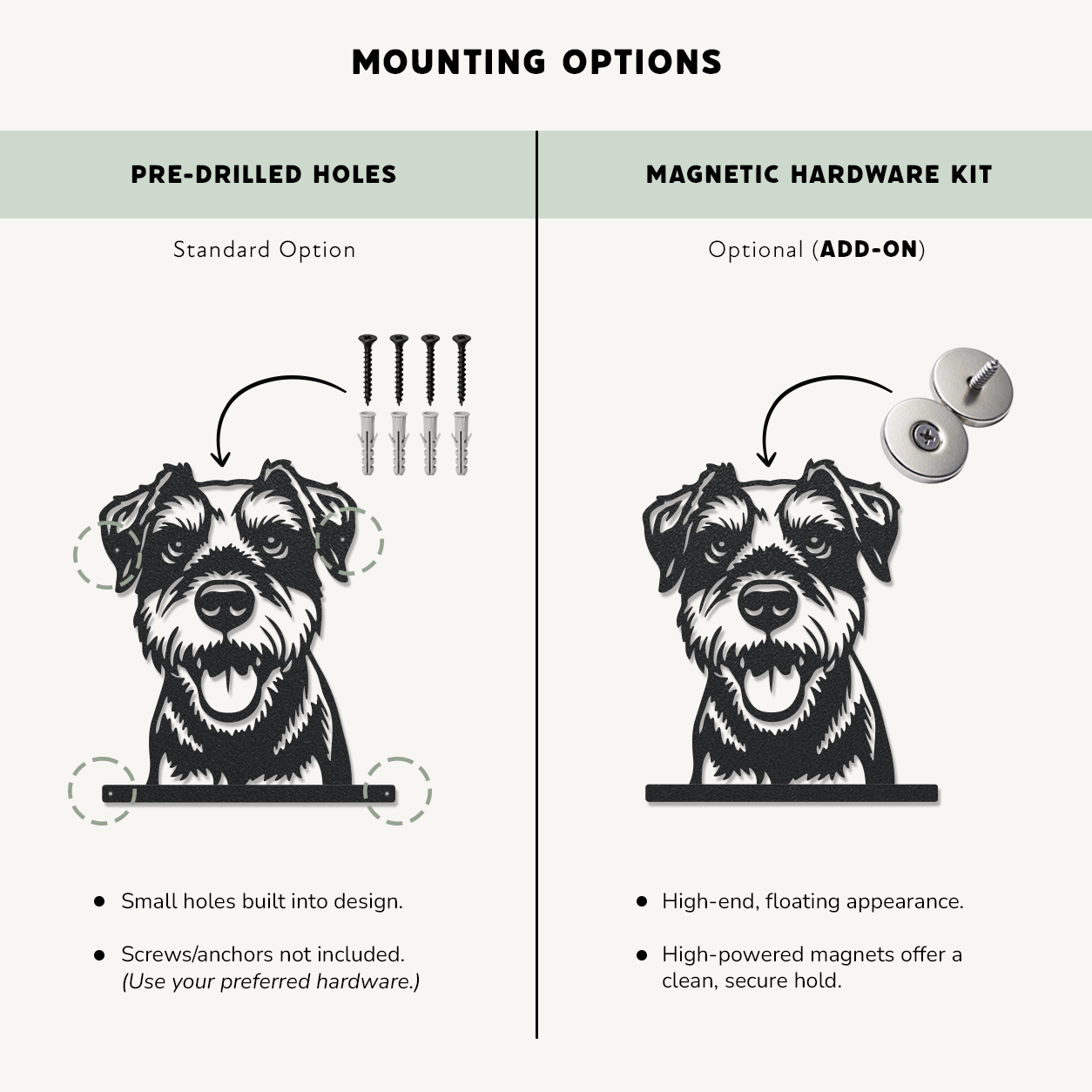 Mounting options for custom metal signs, displaying pre-drilled screw holes and an optional magnetic hardware kit for a floating display.