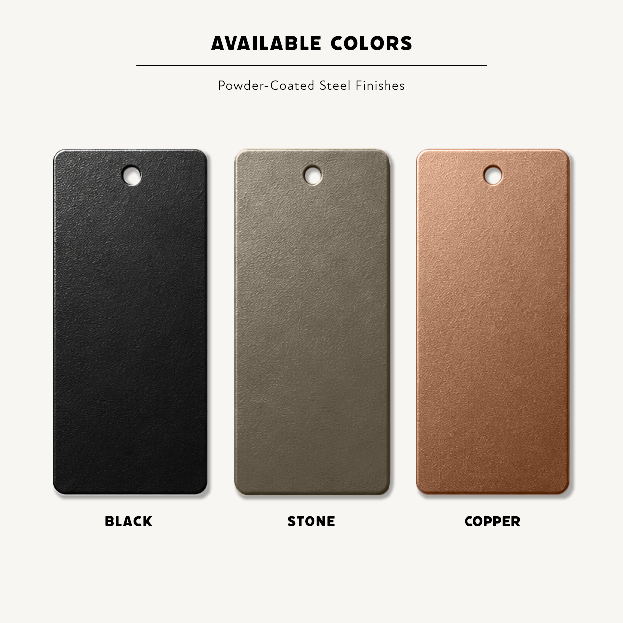 Powder-coated metal finish options for custom dog signs, featuring black, stone, and copper color swatches.