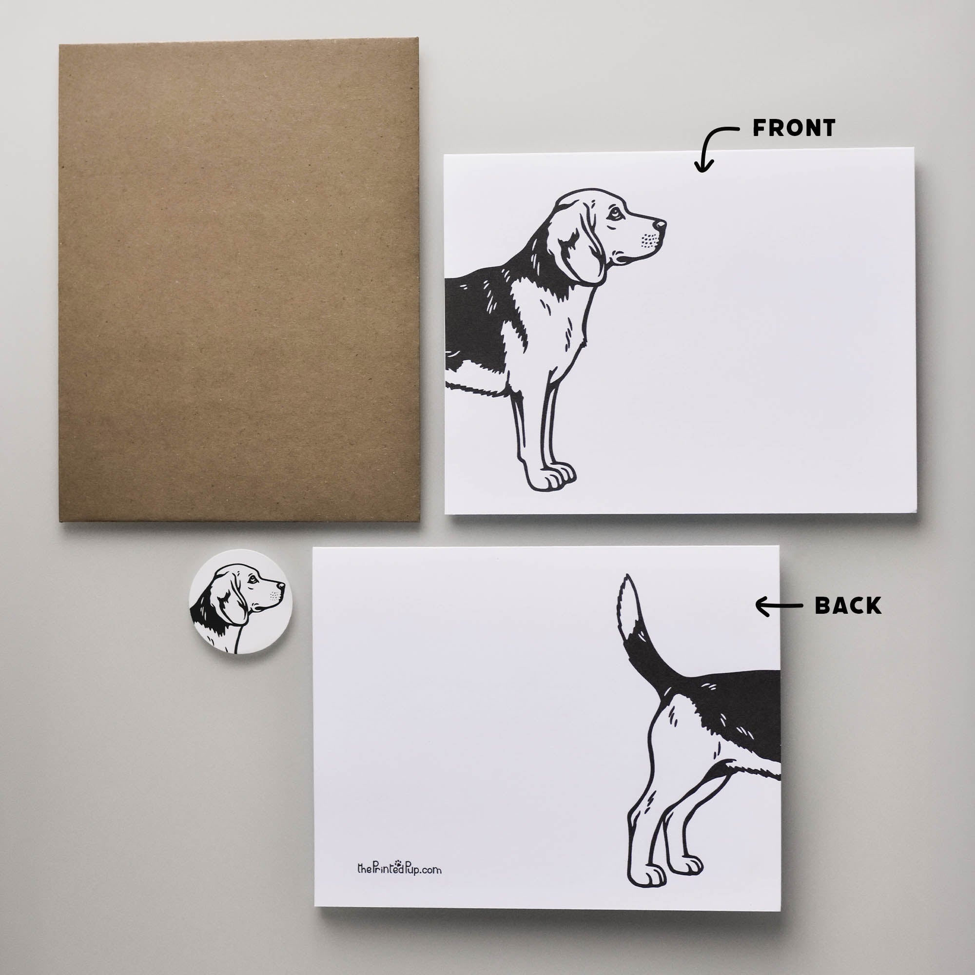 Beagle notecard design shown from the front and back, with the dog illustration divided across the folded card for a front-and-back reveal. 